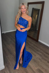 Royal blue One Shoulder Lace Prom Dress Cut Out