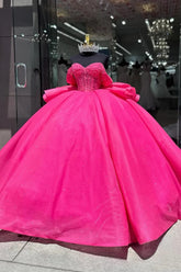 Pearls Beaded Fuchsia Quinceanera Dress with Bow Off the Shoulder Mychicdress