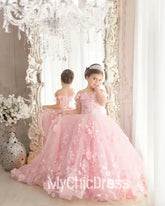 Pink Mini Quinceanera Dresse 3d Floral Flower Girl Dress For Wedding Mychicdress