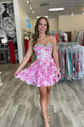 Pink Short Homecoming Dress Beaded Floral Sweetheart with Ruffle