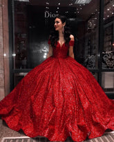 Princess Ball Gown Red Sequin Wedding Dresses Off the Shouder