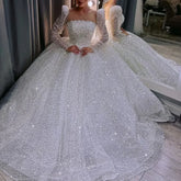 Princess Ball Gown Sequin White Wedding Dress Long Sleeves