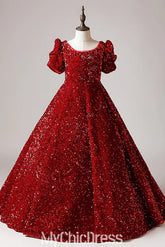 Princess Floor Length Red Sequins Pageant Gown Short Sleeves