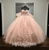 Princess Strapless Pink Quinceanera Dresses with Bow Tulle Sweetheart Mychicdress