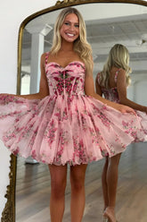 Print Pink Floral Homecoming Dress Short A-Line Straps Mychicdress