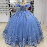 Puff Blue Sweet 15 16 Quinceanera Dresses Off Shoulder 3D Flowers