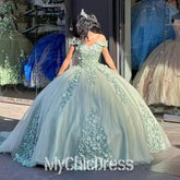 Sage Green Floral Lace Sweet 16 Birthday Party Quince Dresses Mychicdress