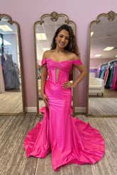 Satin Hot Pink Evening Dress Off-the-shoulder Ruched with Keyhole Mychicdress