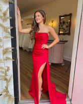 Satin Mermaid Ruched Pleated Red Senior Prom Dress With Slit Strapless