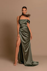 Simple Olive Green Long Satin Evening Dress UK Cheap Mychicdress