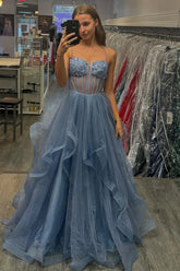 Sparkly A Line Dusty Blue Prom Dress Tulle Beaded Sleeveless