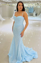 Sparkly Blue Sequins Long Evening Dresses UK Mermaid