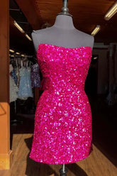 Strapless Cheap Fuchsia Homecoming Dress Sequins Bateau Bodycon