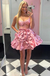 Straps Corset Pink Homecoming Dress Short with Rosette Mychicdress