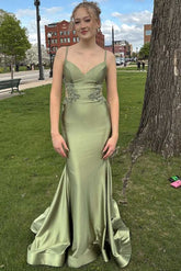 Straps Sage Green Long Senior Prom Dress UK Mermaid Backless Mychicdress