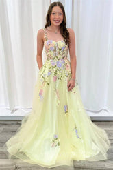 Straps Yellow Embroidery Floral Prom Dress Applique Tulle