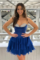 Sweetheart Navy Blue Homecoming Dress Corset Short Beaded Ruffle Dress Mychicdress