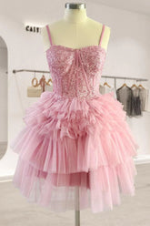 Tiered Pink Lace Mini Homecoming Dress Ruffle Short Party Dress