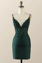 Unique Emerald Green Bodycon Mini Hoco Dress with Straps Appliques