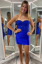 Unique Lace Short Royal Blue Hoco Dress Appliques Tight Ruched