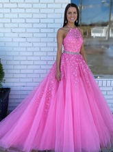 2025 Halter Pink Prom Dresses A Line Lace Evening Gowns With Beaded MyChicDress