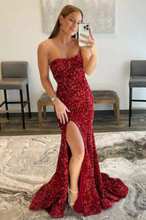 2025 Long Red Prom Dresses Sequin Mermaid Strapless Formal Dress MyChicDress