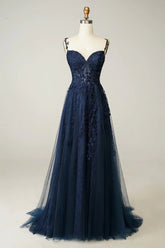 A Line Cheap Navy Blue Lace Prom Dresses Spaghetti Straps with Appliques MyChicDress