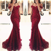 Burgundy Lace Prom Dresses Mermaid Appliques Off-the-shoulder - MyChicDress