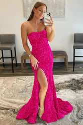 Cheap 2025 Sequin Mermaid Fuchsia Formal Dress Magenta Long Prom Dresses MyChicDress