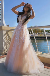 Hot Pink Lace Prom Dresses V Neck Long A Line Evening Gown with Belt MyChicDress