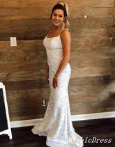 Spaghetti Straps White Iridescent Sequin Prom Dresses Cross Back Mermaid Evening Gown MyChicDress