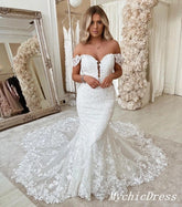 Vintage Lace White Wedding Dresses Embroidery Off the Shoulder Bridal Gown MyChicDress