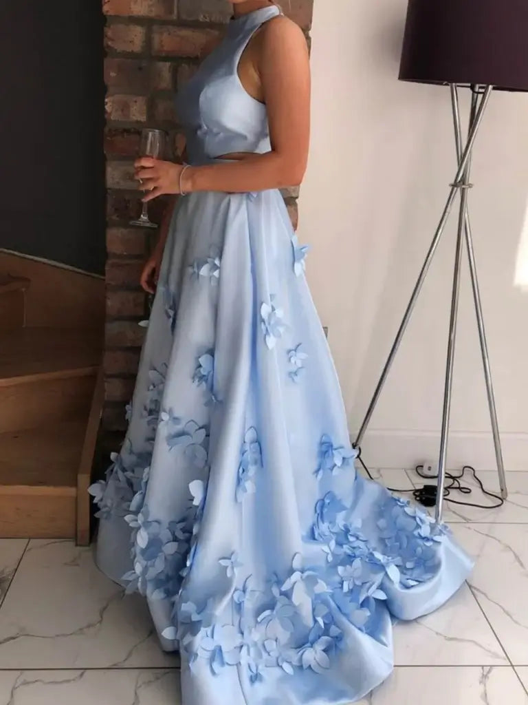 2 Pieces Blue Formal Dresses High Neck Satin Evening Dress Flowers
