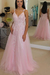 20224 Cheap Pink Prom Dresses Tulle Long Evening Dress with Appliques MyChicDress