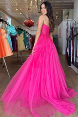 2024 A-Line Hot Pink Prom Dresses Long Evening Dress Sweetheart with Appliques MyChicDress