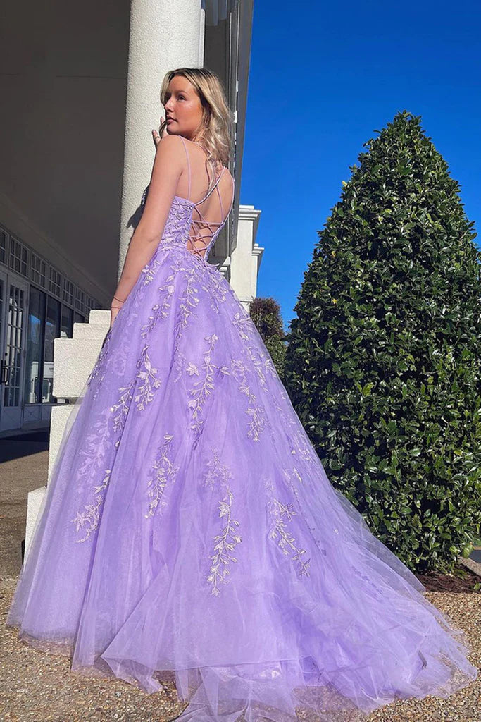 2024 A Line Purple Lace Violet Prom Dresses Open Back Long Formal Dresses MyChicDress