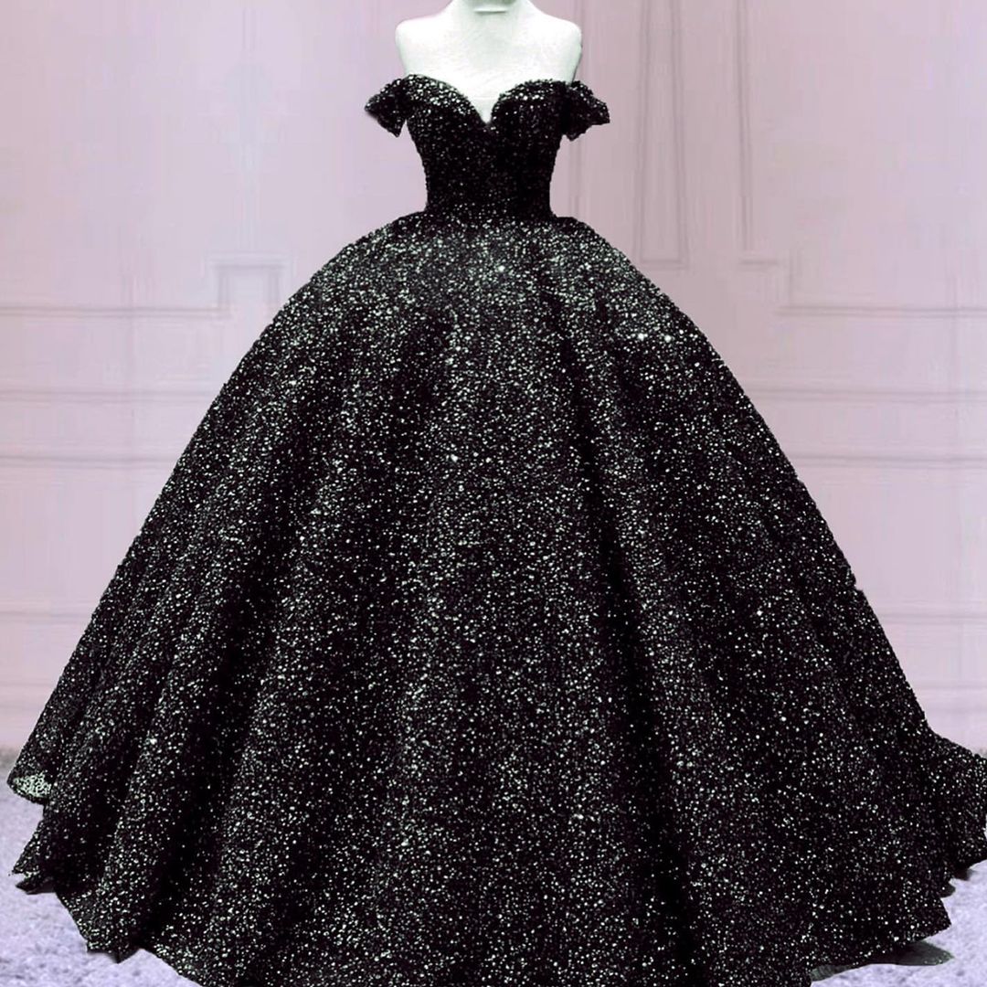 Black Ball Gown Quinceanera Dresses Off Shoulder Corset Sequin Wedding Dress MyChicDress