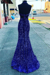 2024 Halter Royal Blue Sequin Evening Dresses UK Long Prom Dress MyChicDress