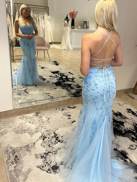 2024 Lace Blue Prom Dresses Sleeveless Mermaid with Beaded MyChicDress