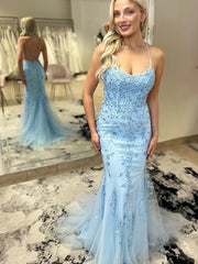 2024 Lace Blue Prom Dresses Sleeveless Mermaid with Beaded MyChicDress