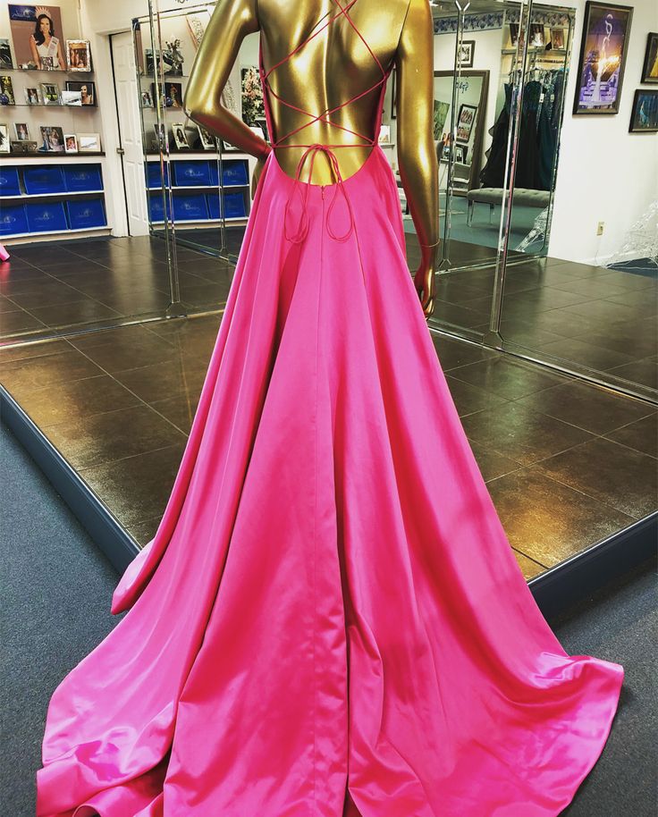 2024 Long Simple Evening Dresses UK Satin Backless Fuchsia Prom Dress MyChicDress