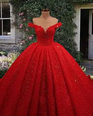 2024 Off Shoulder Glitter Ball Gown Wedding Dresses Red Sequin Bridal Wear MyChicDress