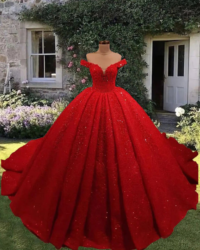 2024 Off Shoulder Glitter Ball Gown Wedding Dresses Red Sequin Bridal Wear MyChicDress