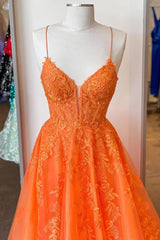 2024 Vestido de fiesta naranja con corsé y apliques de tirantes finos de encaje