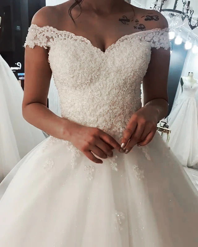 Lace Off Shoulder Cheap Wedding Dress Appliques