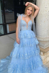 2025 Light Blue Layered Prom Dress Tiered Tie Staps Plunging Neck - MyChicDress