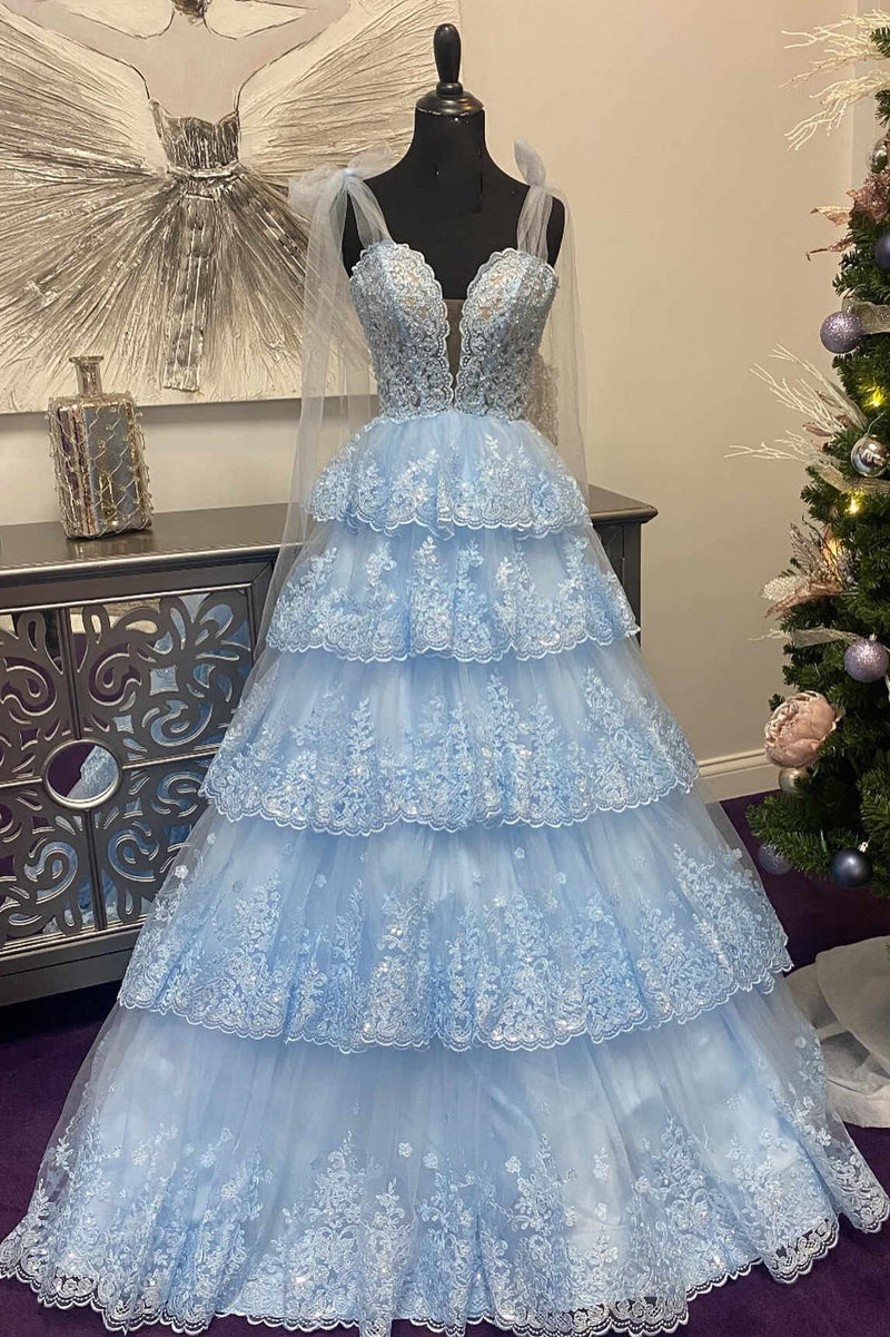 2025 Light Blue Layered Prom Dress Tiered Tie Staps Plunging Neck - MyChicDress