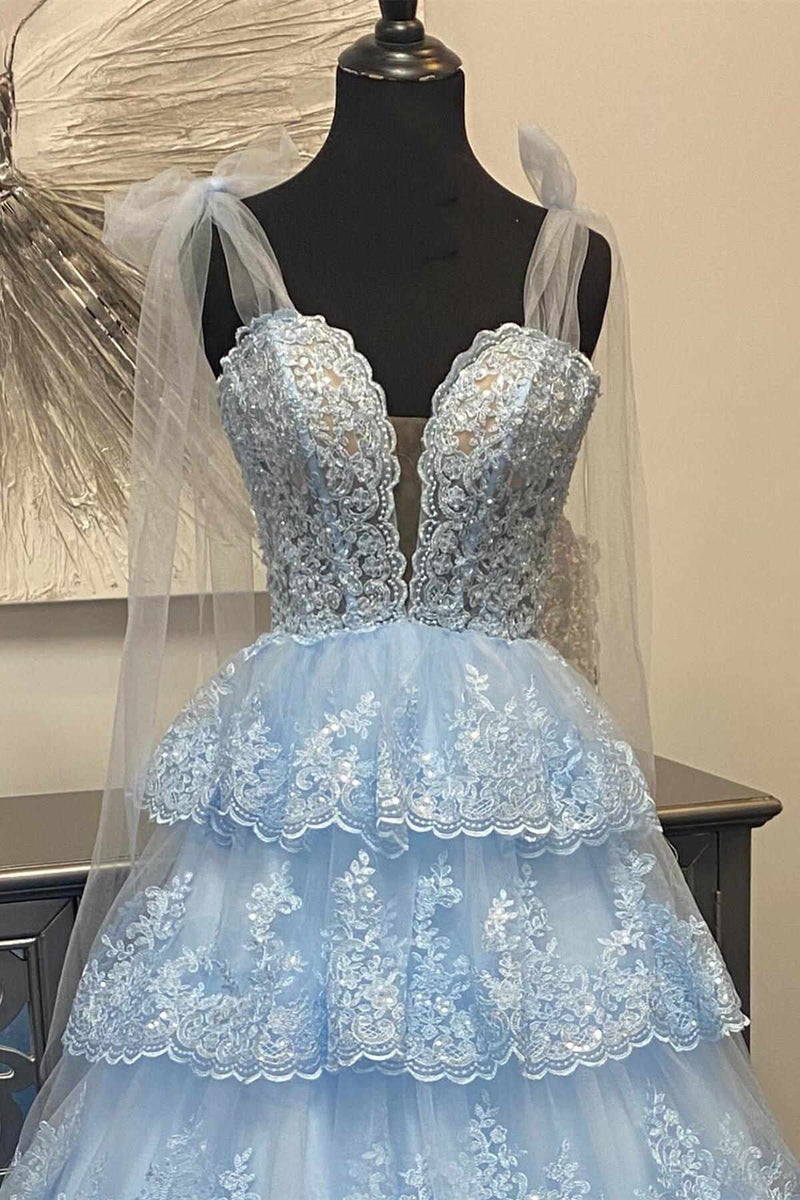 2025 Light Blue Layered Prom Dress Tiered Tie Staps Plunging Neck - MyChicDress