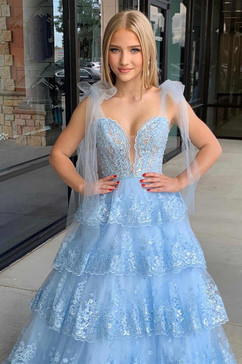 2025 Light Blue Layered Prom Dress Tiered Tie Staps Plunging Neck - MyChicDress