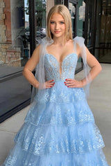 2025 Light Blue Layered Prom Dress Tiered Tie Staps Plunging Neck - MyChicDress